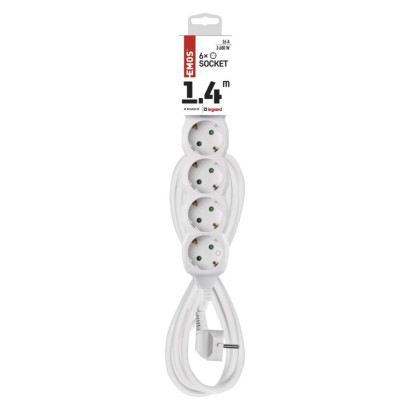 Pagarinātājs 1,4 m / 6 kontaktligzdas / balts / PVC / 1 mm2