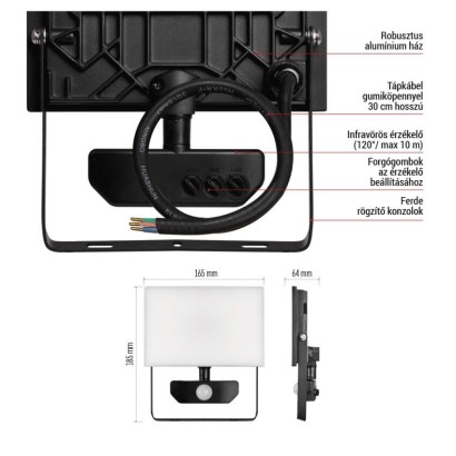 LED-es reflektor TAMBO mozgásérzékelővel, 30 W, 3000 lm, fekete