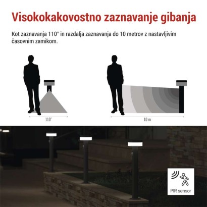 Vrtna LED stoječa svetilka TERION s PIR senzorjem, 12,5 x 12,5 x 50 cm
