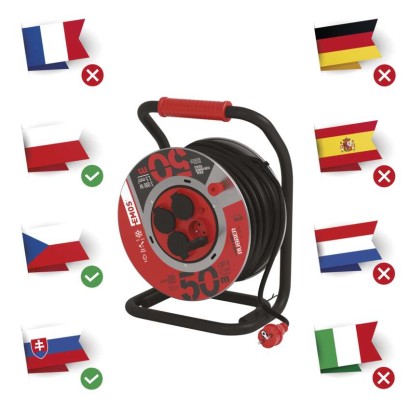 Vonkajší predlžovací kábel na bubne 50 m / 4 zásuvky / čierny / guma / 230 V / 1,5 mm2