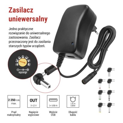 Zasilacz impulsowy 2250mA z wymiennymi końcówkami, USB