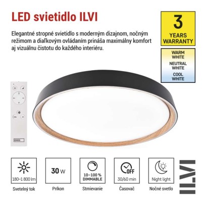LED nástenné svietidlo ILVI, kruhové 30 W, stmievanie + CCT, čierna + drevo