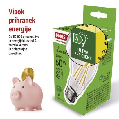LED žarnica Filament A60 A CLASS/ E27 / 3,8 W (60 W) / 806 lm / toplo bela
