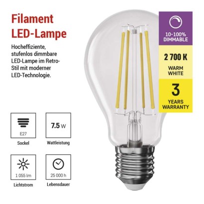 LED Lampe Filament A60 / E27 / 7,5 W (75 W) / 1 055 lm / Warmweiß / dimmbar
