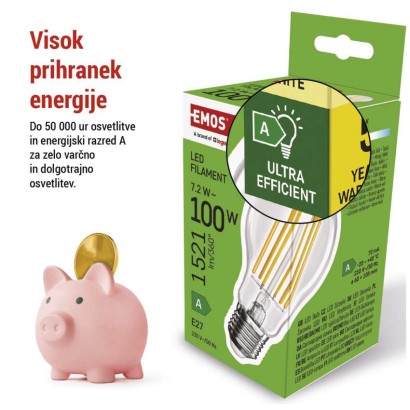 LED žarnica Filament A60 A CLASS / E27 / 7,2 W (100 W) / 1521 lm / toplo bela