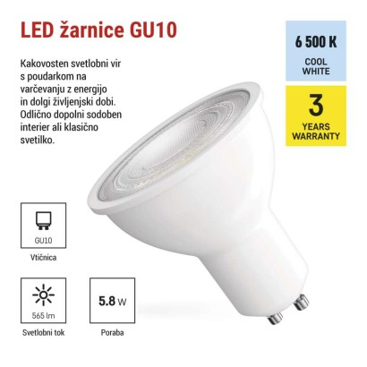 LED žarnica Classic MR16 bela/ GU10 / 5,8 W (75 W) / 565 lm / Hladna bela