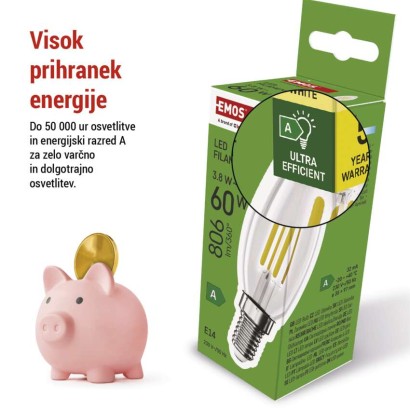 LED žarnica Filament Candle A CLASS/ E14 / 3,8 W (60 W) / 806 lm / Toplo bel