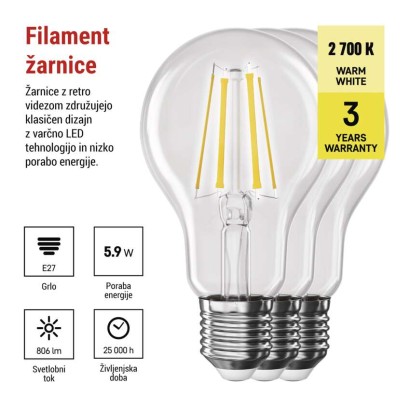 LED žarnica Filament A60 / E27 / 5,9 W (60 W) / 806 lm / Toplo bel