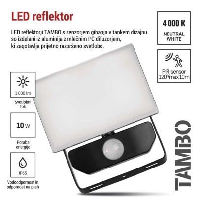LED reflektor TAMBO s senzorjem gibanja, 10 W, 1000 lm, črn