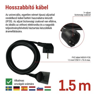 Hosszabbító 1,5 m / 1 aljzat / fekete / PVC / 1,5 mm2