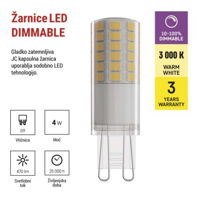 LED žarnica Classic JC / G9 / 4,2 W (40 W) / 470 lm / toplo bela / zatemnilna