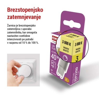LED žarnica Classic JC / G9 / 4,2 W (40 W) / 470 lm / toplo bela / zatemnilna