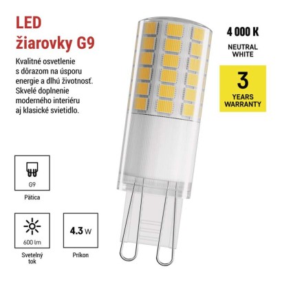LED žiarovka Classic JC / G9 / 4,3 W (48 W) / 600 lm / Neutrálna biela