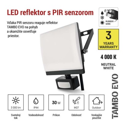 LED reflektor TAMBO EVO  so senzorom pohybu, 30 W, 3000 lm, IP65, čierny