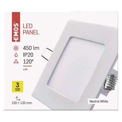 LED panel 120×120, štvorcový vstavaný biely, 6W neutrálna b.
