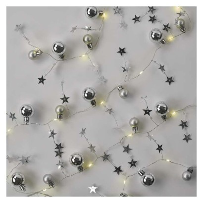 LED Weihnachtsgirlande – Silberne Kugeln mit Sternen, 1,9 m 2x AA, Innen, warmweiss, Timer