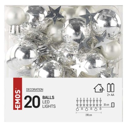 LED Weihnachtsgirlande – Silberne Kugeln mit Sternen, 1,9 m 2x AA, Innen, warmweiss, Timer
