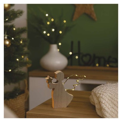 LED dekorácia drevená – anjel, 13 cm, 2x AAA, vnútorný, teplá biela, časovač