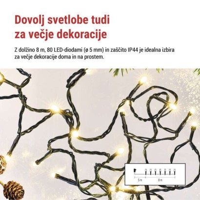 LED božična veriga, 8 m, zunanja in notranja, topla bela, programi, časovnik