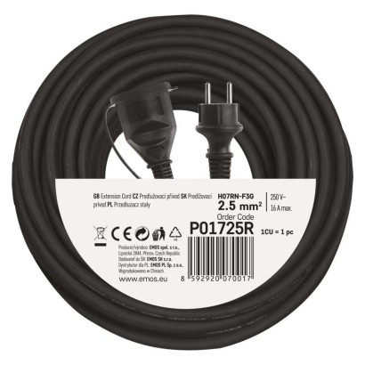 Vonkajší predlžovací kábel 25 m / 1 zásuvka / čierny / guma-neoprén / 230 V / 2,5 mm2