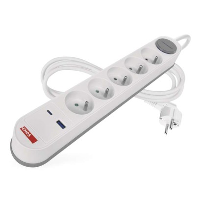 Predlžovací kábel 3 m / 5 zásuvky / s vypínačom / bielo-sivý / 1×USB-A + 1×USB-C / 1,5 mm2