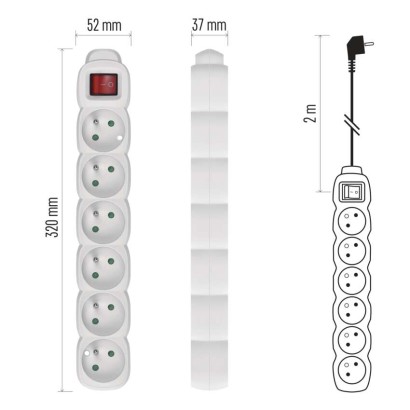 Predlžovací kábel 2 m / 6 zásuviek / s vypínačom / biely / PVC / 1 mm2