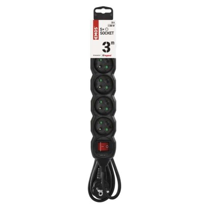 Predlžovací kábel 3 m / 5 zásuviek / s vypínačom / čierny / PVC / 1 mm2