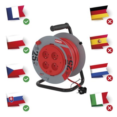 Predlžovací kábel na bubne 25 m / pevný stred / 4 zásuvky / červený / PVC / 230 V / 1,5mm2