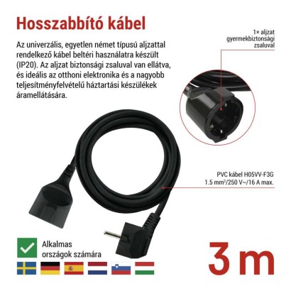 Hosszabbító 3 m / 1 aljzat / fekete / PVC / 1,5 mm2