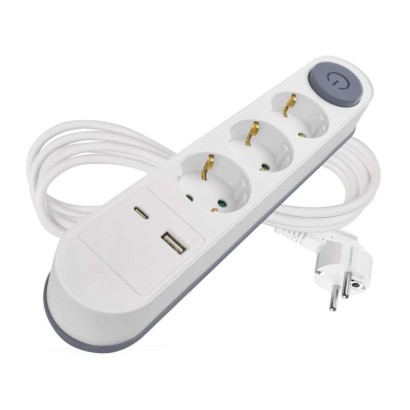 Ilgintuvas 2 m / 3 lizdai / su jungikliu / baltas / 1× USB-A + 1× USB-C / 1,5 mm2 