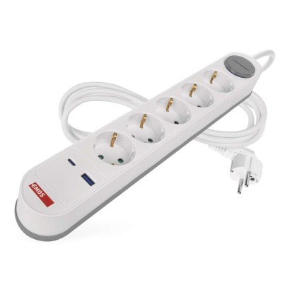 Ilgintuvas 3 m / 5 lizdai / su jungikliu / balta-pilka / 1×USB-A + 1×USB-C / 1,5 mm2