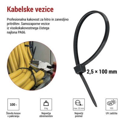 Vezica za kable 100×2,5, črna, 100 kos