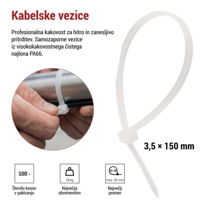 Vezica za kable 150×3,5, bela, 100 kos