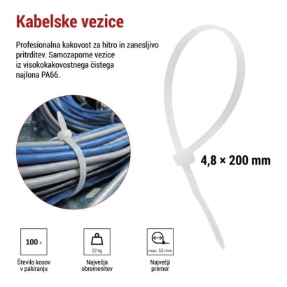 Vezica za kable 200×4,8, bela, 100 kos