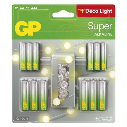 GP alkalická baterie SUPER AA 12 + AAA 12 + LED řetěz BL
