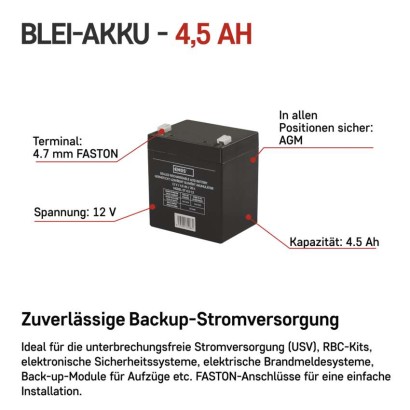 Wartungsfreier Blei-Akku 12 V/4,5 Ah, faston 4,7 mm