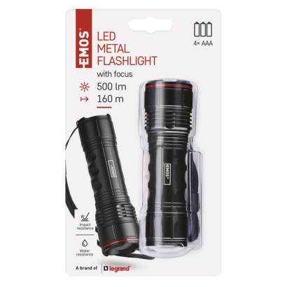 Ročna LED svetilka, 500 lm, 4× AAA, fokus, kovinska