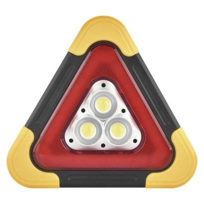 LED figyelmeztető háromszög, tölthető, COB LED + piros LED