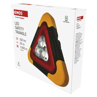 LED figyelmeztető háromszög, tölthető, COB LED + piros LED