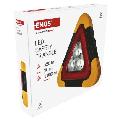 LED figyelmeztető háromszög, tölthető, COB LED + piros LED