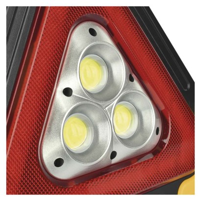 LED figyelmeztető háromszög, tölthető, COB LED + piros LED