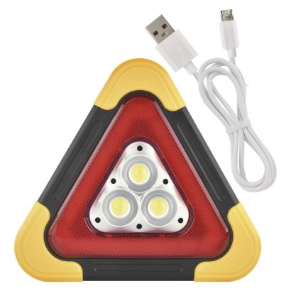 LED figyelmeztető háromszög, tölthető, COB LED + piros LED