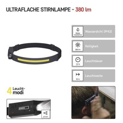 COB LED aufladbare Stirnlampe P3541, 380 lm,Li-Pol 1200 mAh