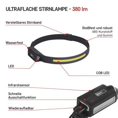 COB LED aufladbare Stirnlampe P3541, 380 lm,Li-Pol 1200 mAh