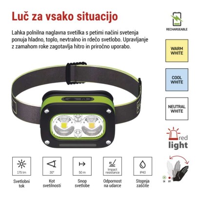 Naglavna polnilna LED svetilka, 175 lm, Li-Pol  800 mAh