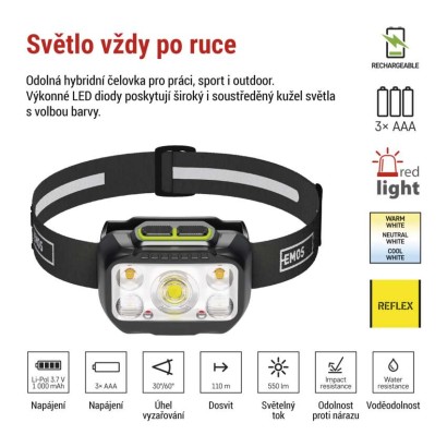 LED nabíjecí čelovka P3546, 550 lm, 110 m, Li-Pol 1000 mAh / 3× AAA