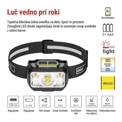 Naglavna polnilna LED svetilka P3546, 550 lm, 110 m, Li-Pol 1000 mAh / 3× AAA