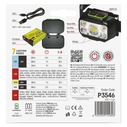 LED nabíjecí čelovka P3546, 550 lm, 110 m, Li-Pol 1000 mAh / 3× AAA
