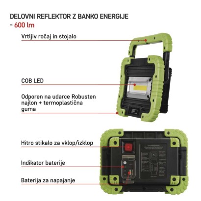 Polnilna LED delovna svetilka 5 W COB, 600 lm, 3000 mAh