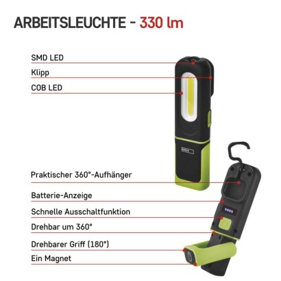 COB + SMD LED aufladbare Arbeitsleuchte P4537, 330 lm, 1200 mAh